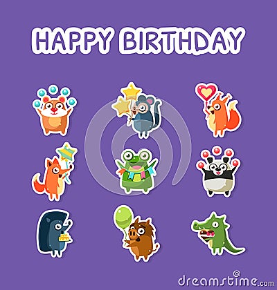 Happy Birthday Set, Cute Funny Animals Stickers with Balloons, Hamster, Monkey, Fox, Squirrel, Frog, Panda, Hedgehog Vector Illustration