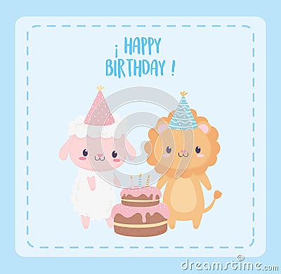 Happy birthday sheep lion with party hats and cake celebration decoration card Vector Illustration