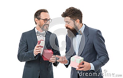 happy birthday shopping. businessmen in suit on party. success and reward. esthete. business partners on meeting Stock Photo