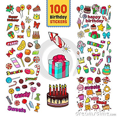 Happy Birthday Stickers Collection. Childish Party Decoration Set with Balloons, Gifts and Sweets Vector Illustration