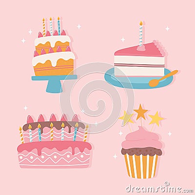 happy birthday, sweet cake cupcake celebration party cartoon icons set Vector Illustration