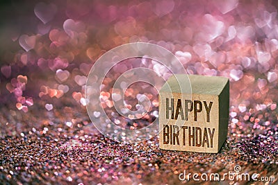 Happy birthday text with heart bokeh light Stock Photo