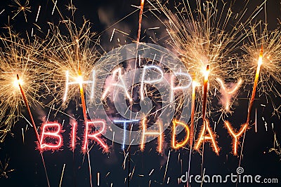 Happy birthday text message with sparklers exploding fireworks Cartoon Illustration