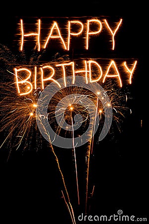 Happy birthday text message with sparklers exploding fireworks Cartoon Illustration