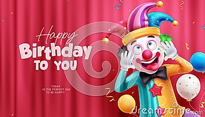 Happy birthday text vector design. Birthday greeting in red space with funny clown comedian character. Vector Illustration