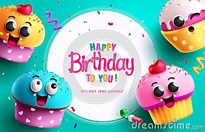 Happy birthday text vector template design. Birthday cupcake and muffin characters in white empty space. Vector Illustration