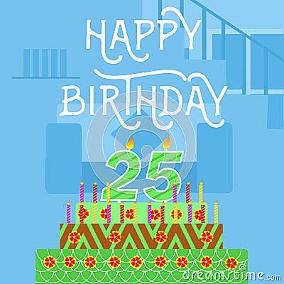 Happy Birthday 25 th old green Cake postcard - hand lettering - handmade calligraphy Stock Photo