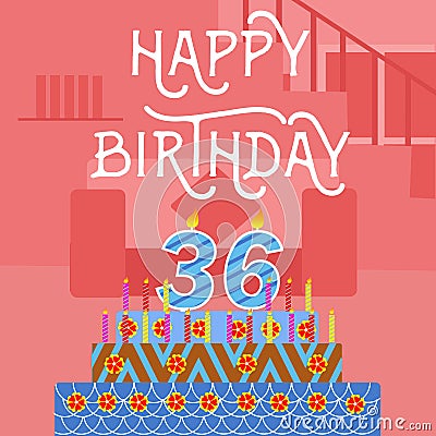 Happy Birthday 36 th old Pink Cake postcard - hand lettering - handmade calligraphy Stock Photo