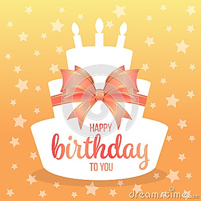 Happy birthday to you with text on white paper cake shape and sweet orange bow and star background vector design Vector Illustration