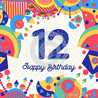 Twelve 12 year birthday party greeting card number Vector Illustration