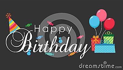 Happy birthday typography greeting card poster on black background cartoon vector Vector Illustration