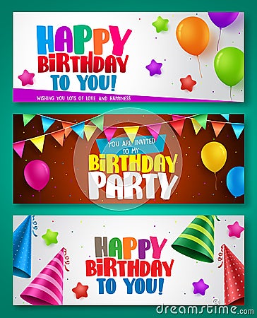 Happy birthday vector banner designs set with colorful elements Vector Illustration