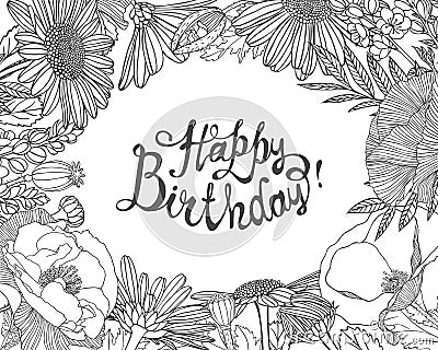Happy Birthday! Vector congratulation card with floral frame Vector Illustration