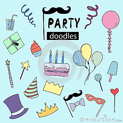 Happy Birthday vector doodles, party illustrations Vector Illustration