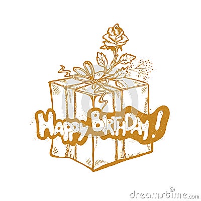 Happy Birthday. Vector golden sketch illustration of gift box with ribbon and rose. Vector Illustration