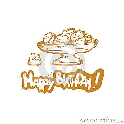 Happy Birthday. Vector golden sketch illustration of gift cake cup Vector Illustration