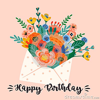 Happy Birthday. Vector illustration of cute bouquet of flowers in envelope Vector Illustration