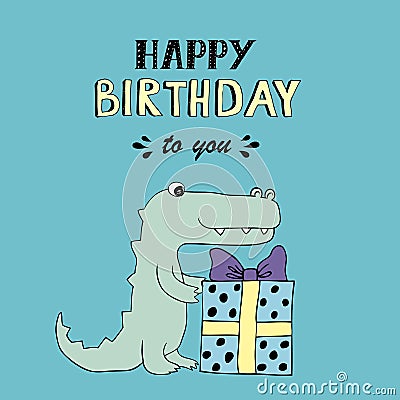 Happy Birthday vector lettering, party illustration with baby croc Vector Illustration