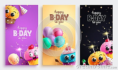 Happy birthday vector poster set design. Birthday greeting text with colorful cupcake characters Vector Illustration