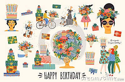 Happy Birthday. Vector set of cute illustrations. Bright compositions for card, poster, flyer, banner and other Vector Illustration