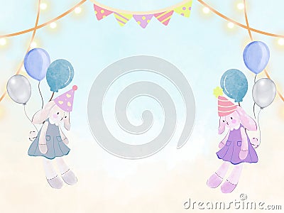 Happy birthday watercolor cards border banner cute rabbit, balloon pastel party kawaii style Stock Photo