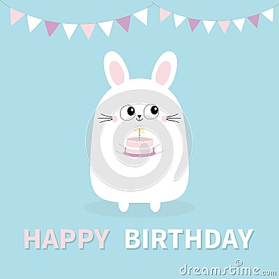 Happy Birthday. White bunny rabbit holding cake, candle. Paper flags hanging. Funny head face. Big eyes. Cute kawaii cartoon chara Vector Illustration