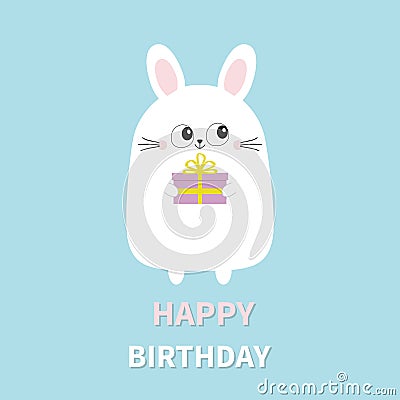 Happy Birthday. White bunny rabbit holding gift box. Funny head face. Big eyes. Cute kawaii cartoon character. Baby greeting card Vector Illustration