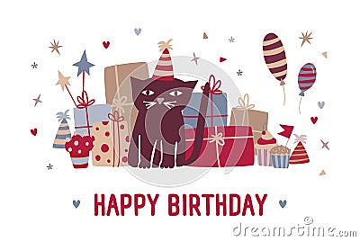 Happy birthday wish and funny cartoon black cat in party hat sitting against gifts, cupcakes, colorful balloons and Vector Illustration