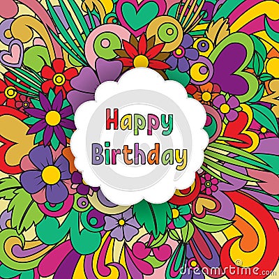 Happy Birthday zentangle greeting card. Vector zen tangle pattern. Postcard with colorful flowers. Vector Illustration