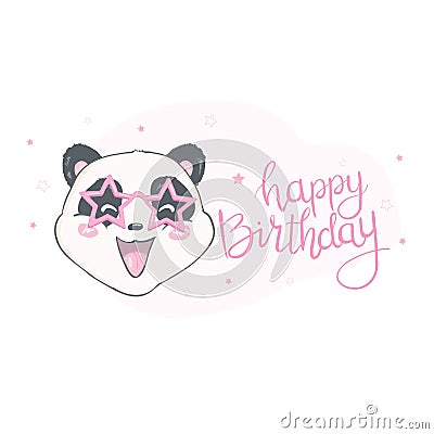 Happy birthray panda sticker on white backround. Vector Illustration