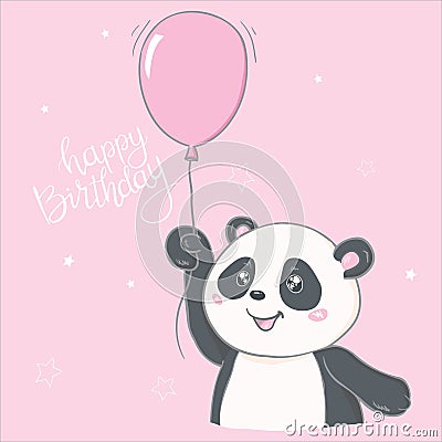 Happy birthray panda sticker on white backround. Vector Illustration