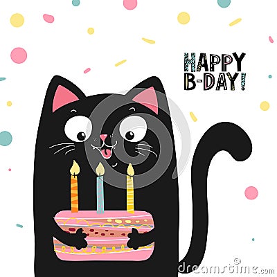 Happy black cat with cake and lettering happy birthday , vector illustration EPS 10 Vector Illustration