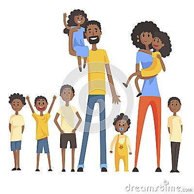 Happy Black Family With Many Children Portrait With All The Kids And Babies And Smiling Parents Colorful Illustration Vector Illustration