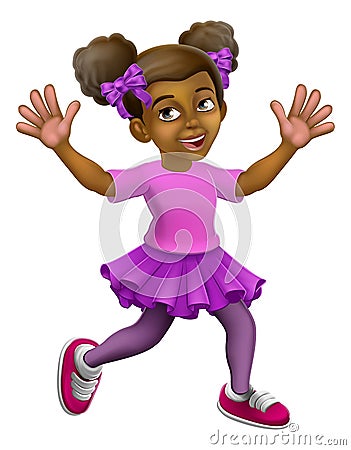 Happy Black Girl Cartoon Child Kid Waving Running Vector Illustration