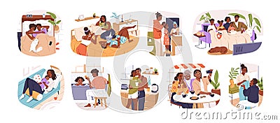 Happy black people, lifestyle scenes set. African-American families, couples, kids characters relaxing, resting at Vector Illustration