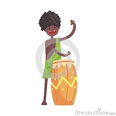 Black skinned man aborigine playing on ethnic drum Vector Illustration