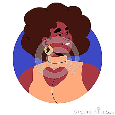 Happy black woman avatar. Smiling African-American girl, modern head portrait. Beautiful sexy lovely female character Vector Illustration