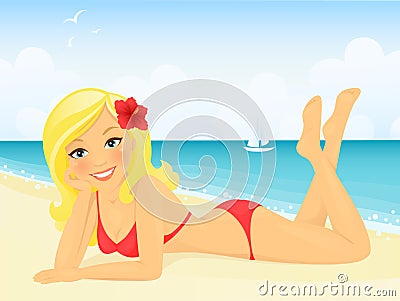 Happy blond girl on beach vacation Vector Illustration