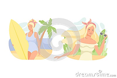 Happy Blond Girl in Light Summer Dress and Swimsuit with Sunglasses and Surfboard Vector Set Stock Photo