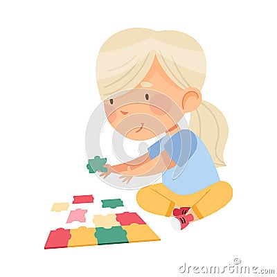 Happy Blond Girl with Ponytail Playing Jigsaw Puzzle on the Floor Vector Illustration Vector Illustration