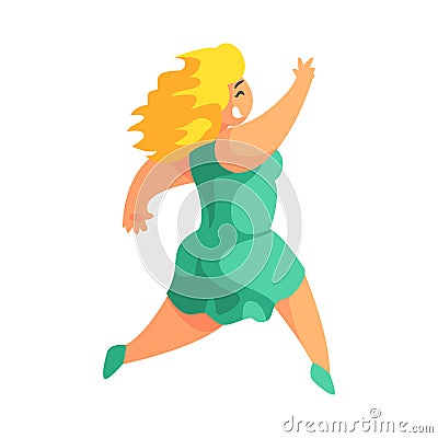 Happy Blond Plus Size Woman In Short Green Summer Dress Running Enjoying Life, Smiling Overweighed Girl Cartoon Vector Illustration