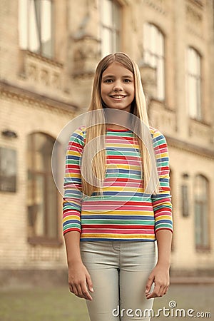 happy blond teenager girl outside. young teenager girl outdoor. photo of teenager girl. Stock Photo