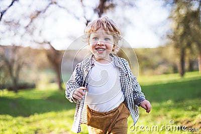 Happy toddler boy running outside in spring nature. Stock Photo