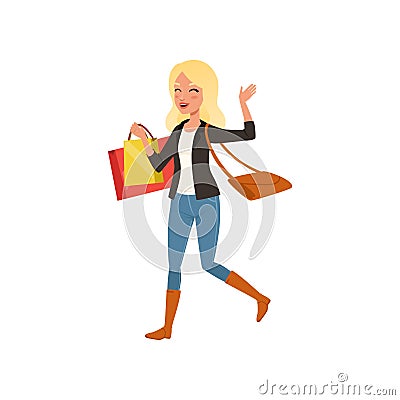 Happy blond woman walking with shopping bags from store. Big sale. Young girl with bag on shoulder. Flat vector design Vector Illustration