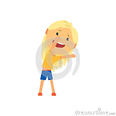 Happy blonde girl doing sport exercise, incline to side, kids physical activity cartoon vector Illustration Vector Illustration