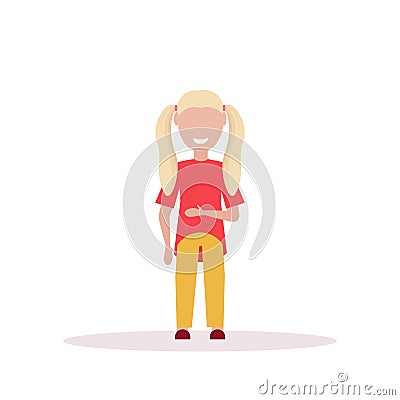 Happy blonde girl standing pose little child female cartoon character full length flat white background Vector Illustration