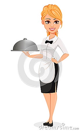 Happy blonde waitress holds domed tray Vector Illustration