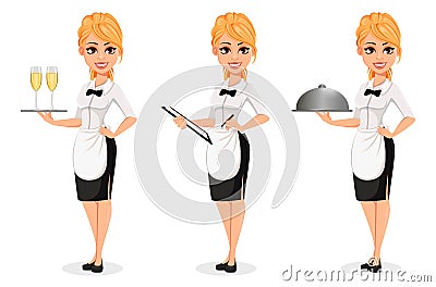 Happy blonde waitress, set of three poses Vector Illustration