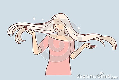 Happy blonde woman with long hair, shows new hairstyle and rejoices in shine and splendor of hairdo Vector Illustration