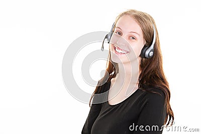 Happy blonde woman over isolated white background working callcenter agency with headset phone Stock Photo